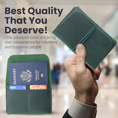 Leather Passport Holder with Travel Wallet, Genuine Leather Passport Cover- Passport Wallet, Leather Folding Wallet for Passports (Strap, Green)