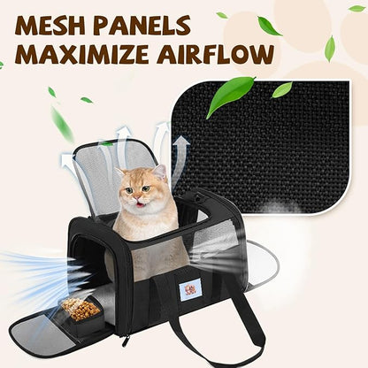 Cat Carrier Soft for Pets Up to 25 Lbs, Cat Travel Bag with Padded Shoulder Strap and Detachable Cat Food Bowl, Pet Dog Carriers for Small Dogs Travel Puppy Carry Airline Approved, Black