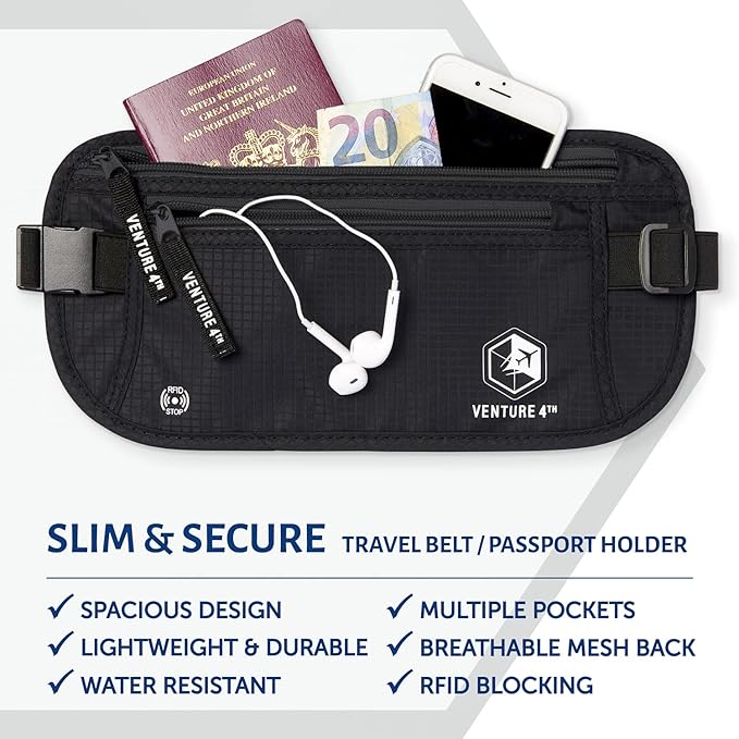 VENTURE 4TH Money Belt for Travel – Hidden Under-Clothes RFID Blocking Passport Holder & Slim Travel Wallet Pouch for Men & Women to Protect Cash, Cards & Documents (Pure Black)