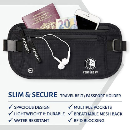VENTURE 4TH Money Belt for Travel – Hidden Under-Clothes RFID Blocking Passport Holder & Slim Travel Wallet Pouch for Men & Women to Protect Cash, Cards & Documents (Pure Black)