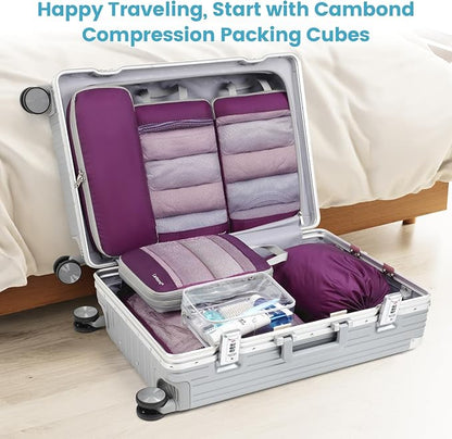 Cambond See Thru Mesh Compression Packing Cubes - 7 Set Packing Cubes for Suitcases, Sturdy Travel Cubes for Carry on Suitcases Travel Essentials with Underwear Bag Shoe Bag Toiletry Bag, Purple