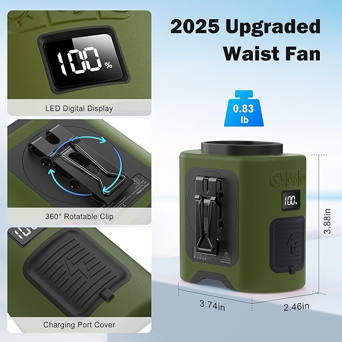PANERGY 10000mAh Portable Waist Clip Fan, 40H Cooling Personal Wearable Fan, 5 Speeds 16000RPM Strong Belt Fan, Rechargeable Hands-free Neck Fan With Flashlight for Outdoor Jobsite Camping Traveling