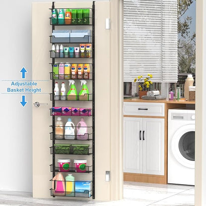Over the Door Pantry Organizer, 10-Tier Over the Door Organizer with Adjustable Basket, Door Organization for Pantry Kitchen Storage Room Spice Rack, Black