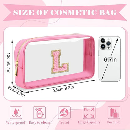 Personalized Initial Letter Clear Makeup Bag,Preppy Small Nylon&PVC Cosmetic Zipper Bag with Chenille Letter,Portable Beach Travel Skincare Toiletry Bag,Trendy Monogram Gift for Teen Girls Women,L