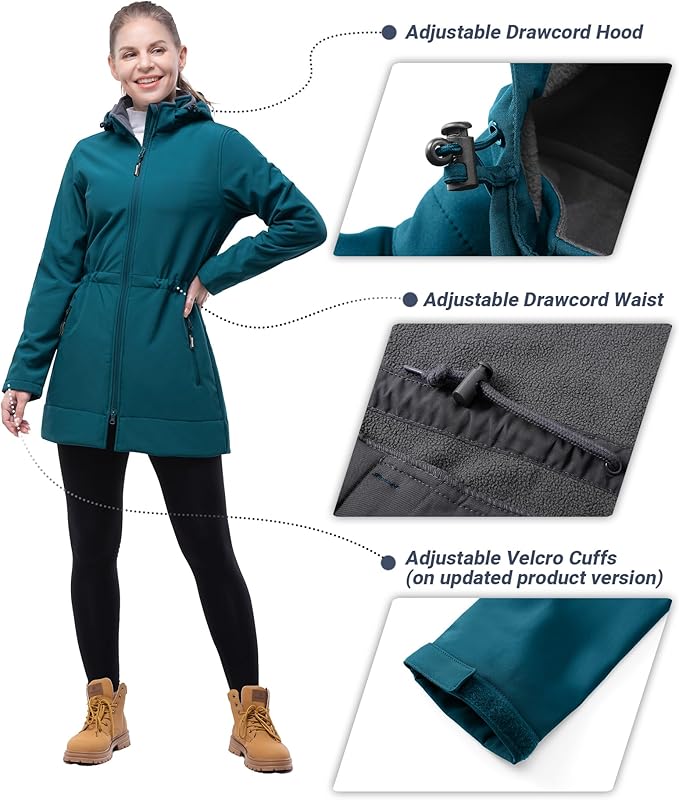 Outdoor Ventures Women's Softshell Jacket with Removable Hood Fleece Lined Windbreaker Insulated Long Warm Rain Jacket