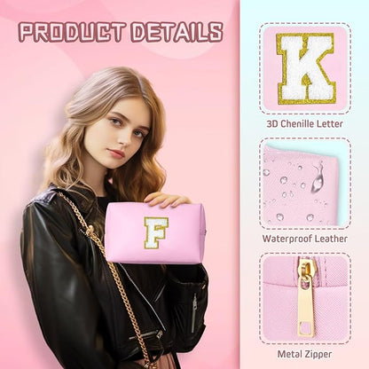 TOPEAST Dorm Room Essentials for Girls - Pink Initial Makeup Bag, College Essentials PU Leather Bag | Travel Car Essentials | Cute Stuff Birthday Gift for Friends Sister (Pink T)