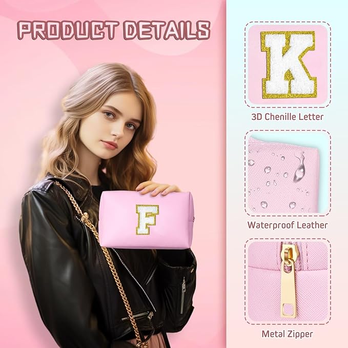 TOPEAST Initial Makeup Bags for Women, Personalized Portable Cosmetic Bag for Travel, Cute Makeup Pouch, PU Leather Waterproof Toiletry Bag, Preppy Things for Girl (Pink V)