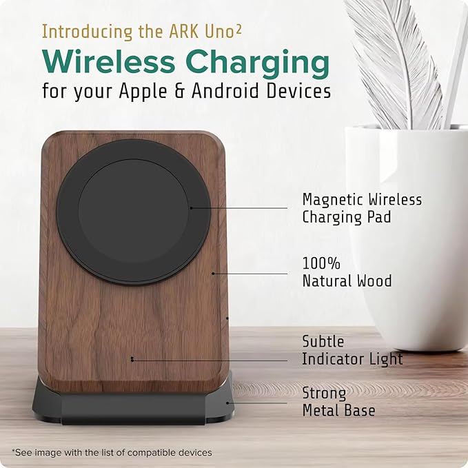 ARK Uno² - Solid Wood Phone Stand Magnetic Wireless Charging Station w/Adapter & USB to USBC 15W Wireless Charger. Home, Office, Kitchen,Best Mens Gifts!