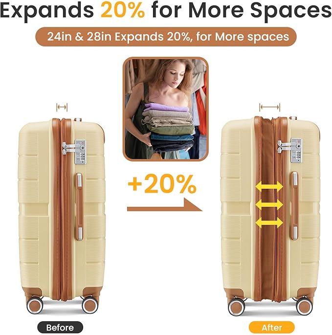 Merax Luggage Set 4 Piece Suitcase with Case Expandable Spinner Wheels Hardshell Airplane Approved Luggage Sets,Apricot Cream,14/20/24/28