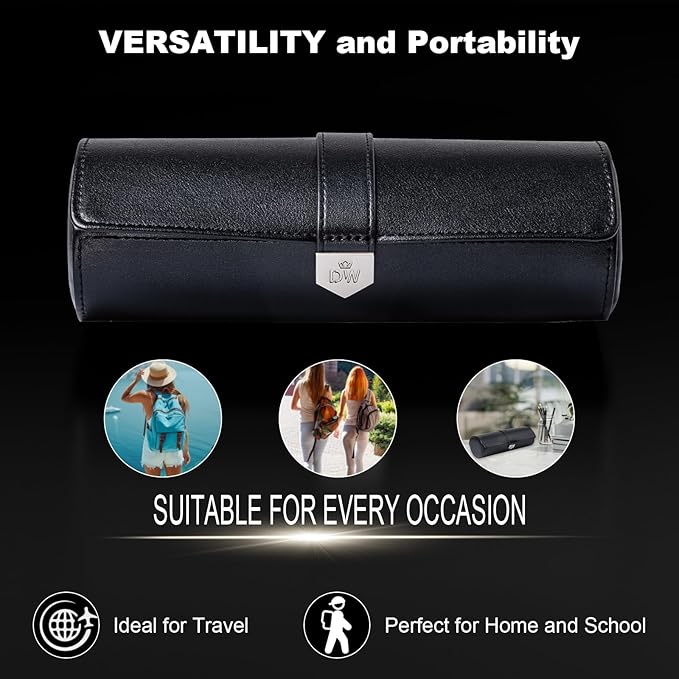 DUKWIN Watch Roll for 3 Watches,Vegan Leather Travel Watch Case Organizer with Removable Pillows for Men and Women,Display Case for Watches Collection and Gift for Anniversary Birthday(Black Storage)