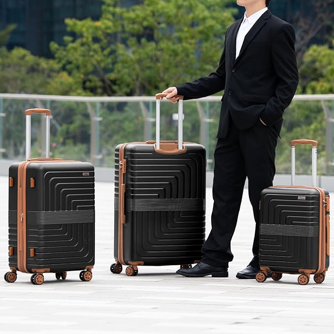 Romswi 3 Piece Luggage Sets, Expandable PC+ABS Hardshell Suitcase Set with TSA Lock YKK Zipper and Dual Spinner Wheels, Large Checked Travel Suitcases, 22/26/30 Inch, Black