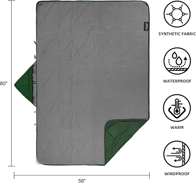 Outdoor Waterproof Blanket, Foldable Fleece Stadium Blanket for Outdoor Sports Event, Camping, Car, Pet, Picnics - Windproof, Wearable, Machine Washable 80" x 58" (Green,Hooded)