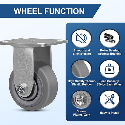 4 Inch Rubber Wheels (Flat Tread)- Heavy Duty Casters, Industrial Caster Wheels- with up to 700 LB Capacity- Use for Dollies, Utility and Maintenance Carts(2 Rigid)