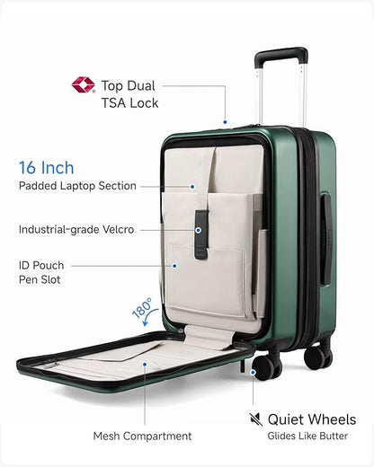 Carry On Luggage 22x14x9 Airline Approved, FLO5 Expandable Polycarbonate Suitcase with Front Pocket (FX-Core, Green, 20 Inch)