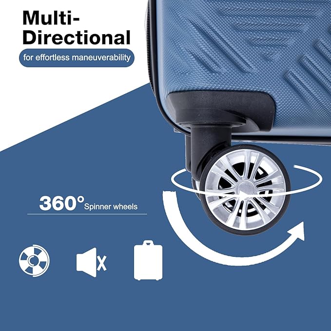Luggage 4 Piece Set, Hardshell ABS Suitcase Set with Double Spinner Wheels, Lightweight Suitcase, Carry On and Checked Travel Luggage, Dark Blue