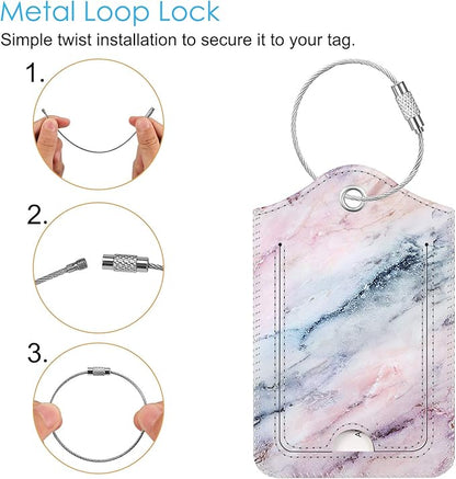 Fintie Luggage Tags, Privacy Cover ID Label with Stainless Steel Loop and Address Card for Travel Bag Suitcase - Marble Pink (2 Piece)
