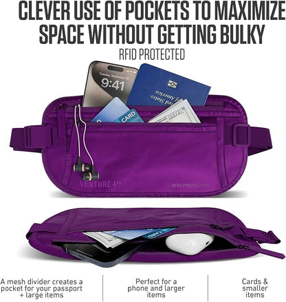 VENTURE 4TH Money Belt for Travel – Hidden Under-Clothes RFID Blocking Passport Holder & Slim Travel Wallet Pouch for Men & Women to Protect Cash, Cards & Documents (Sleek Purple)