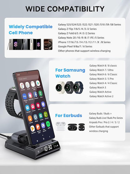 Wireless Charger for Samsung Charging Station with Clock for Samsung Galaxy S25 Ultra/S24 Ultra/Z Flip 7/Z Fold6/Bud, 3 in 1 Android Charging Station, Watch Charger for Samsung Galaxy Watch 8/7/6/5Pro