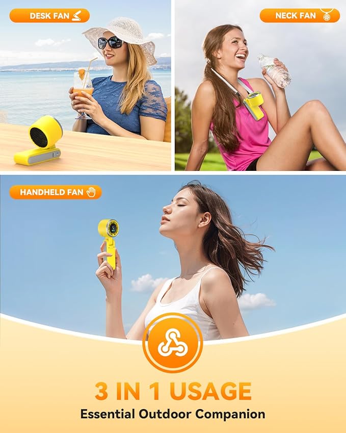 Portable Handheld Turbo Fan, 5-Speed Personal Fans, 5000mAh Rechargeable Fans Up to 12 Hours, Weight only 0.6lb Small Fan, Hand/Neck/Desk Fan 3 IN 1, Beach Vacation Essentials(Yellow)