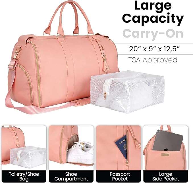 Luhxe Travel Convertible Carry On Garment Bag with Shoe Pouch & Detachable Shoulder Strap - Rose