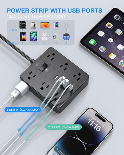 Flat Plug Power Strip Surge Protector, HUNIAN 5 Ft Extension Cord with 12 Widely Spaced Multiple Outlets 6 USB Charger (2 USB C Ports), Desk Charging Station for Home Office Supplies, Black