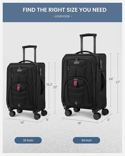 LOVEVOOK Business Softside Checked Luggage with 15.6/17.3 Inch Laptop Compartment, 24 Inch Checked Suitcase with Spinner Wheels, Large Capacity Luggage with TSA Lock for Business Trip Travel, Black