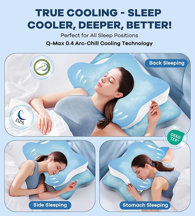 Cervical Pillow for Neck Pain Relief, Cooling Ergonomic Memory Foam Pillow with Ice Silk Pillowcase, Dual-Height Orthopedic Contour Support Pillow for Side,Back,Stomach Sleepers, CertiPUR-US Certified