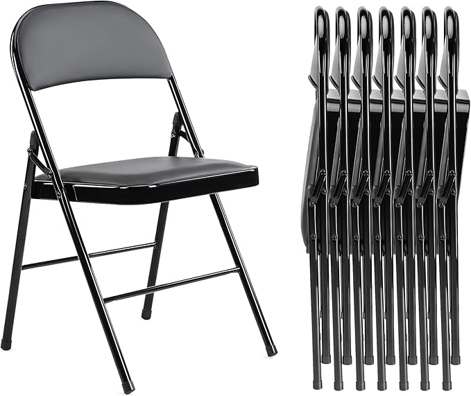 Folding Chairs 8 Pack, Portable Stackable Commercial Chair, Indoor Outdoor Padded Leather Chair with Sturdy Metal Frame, for Home, Office, or Party Events. (Black, 8 Pack)