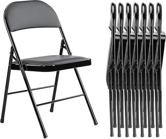Folding Chairs 8 Pack, Portable Stackable Commercial Chair, Indoor Outdoor Padded Leather Chair with Sturdy Metal Frame, for Home, Office, or Party Events. (Black, 8 Pack)