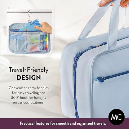 Kids Travel Organizer – Multi-Compartment, Water-Resistant Hanging Bag for Toys, Snacks, & Activities - Compact, Lightweight Design with Hook & Carry Handle - Perfect for Travel Use (Blue, Large)