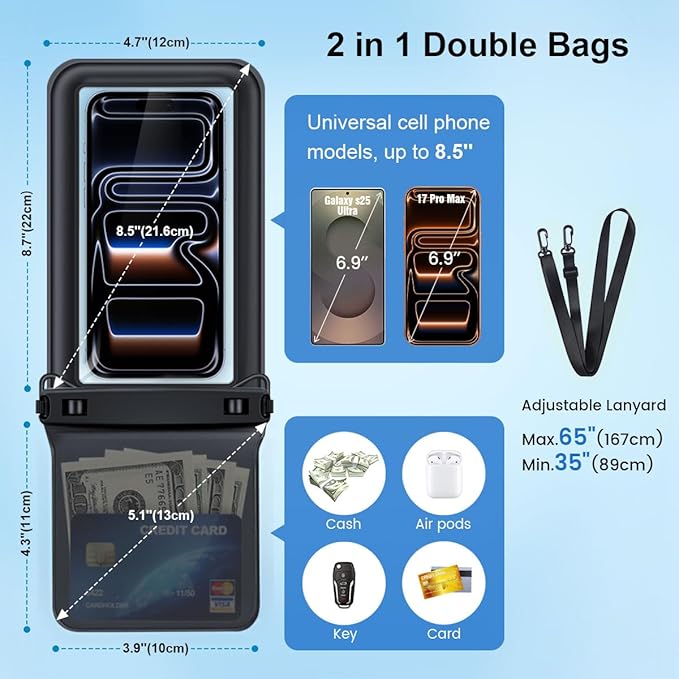 [Up to 8.5''] Floating Waterproof Phone Pouch 2 Pack, IPX8 Double Space Waterproof Phone Case with Lanyard for iPhone 17 16 15 Pro Max, Galaxy S25 Ultra, Cellphone Dry Bag Beach Cruise Ship Essentials