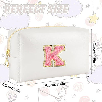 Initial Makeup Bag Personalized Preppy Travel Small Cosmetic Bag Cute PU White Chenille Letter Makeup Pouch for Purse Waterproof Zippered Toiletry Organizer for Women Girls Kids Friends (K)