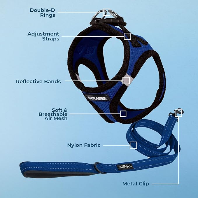 Voyager Step-in Air All Weather Mesh Harness and Reflective Dog 5 ft Leash Combo with Neoprene Handle, for Small, Medium and Large Breed Puppies by Best Pet Supplies - Royal Blue/Black Trim, X-Large