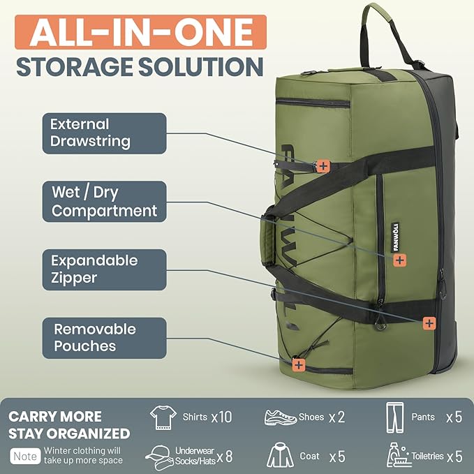 Fanwoli 30'' Rolling Duffel Bag with 2 Wheels - No-Sag Design for Heavy Loads, Expandable 100L-120L Waterproof Luggage, Foldable Lightweight Design with Muti Straps & Lock for Travel
