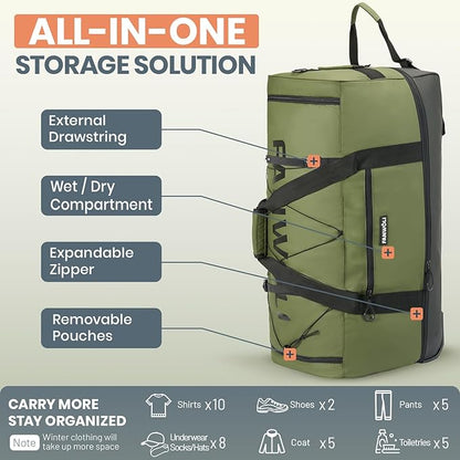 Fanwoli 30'' Rolling Duffel Bag with 2 Wheels - No-Sag Design for Heavy Loads, Expandable 100L-120L Waterproof Luggage, Foldable Lightweight Design with Muti Straps & Lock for Travel