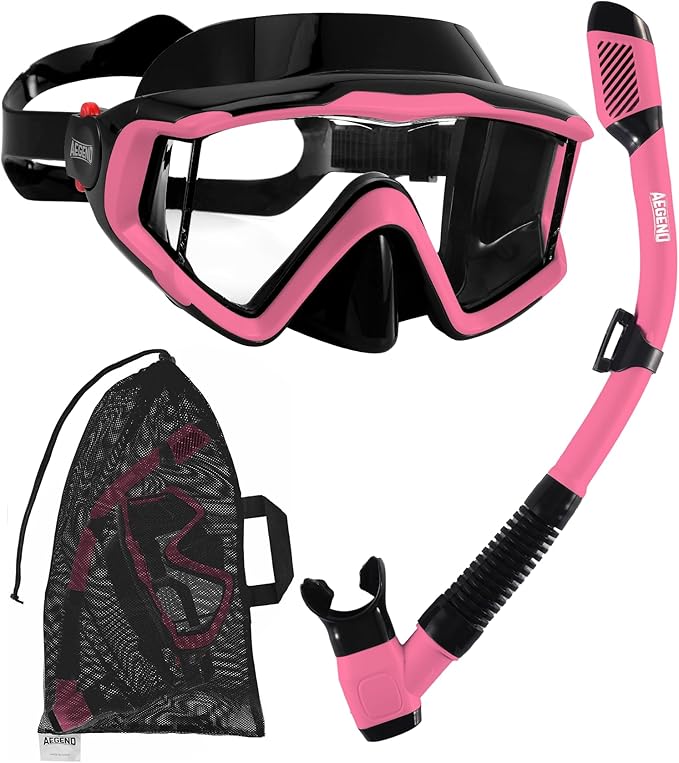 Aegend Snorkeling Gear for Adults Youth Kids, Dry Snorkel Set Panoramic View Enhanced Anti-Leak and Anti-Fog Technology, Adjustable Strap for Snorkeling Scuba Diving Swimming with Mesh Bag