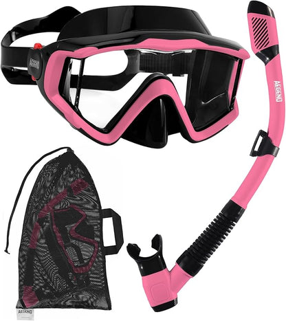 Aegend Snorkeling Gear for Adults Youth Kids, Dry Snorkel Set Panoramic View Enhanced Anti-Leak and Anti-Fog Technology, Adjustable Strap for Snorkeling Scuba Diving Swimming with Mesh Bag