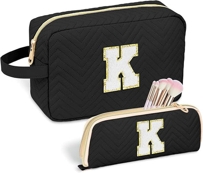 Personalized Initial Makeup Bag Trendy Stuff Leather Waterproof Cosmetic Bag Travel Toiletry Bag, Christmas/Thanksgiving/Halloween Gifts Makeup Organizer Case for Women Girls Mom Girlfriend Wife