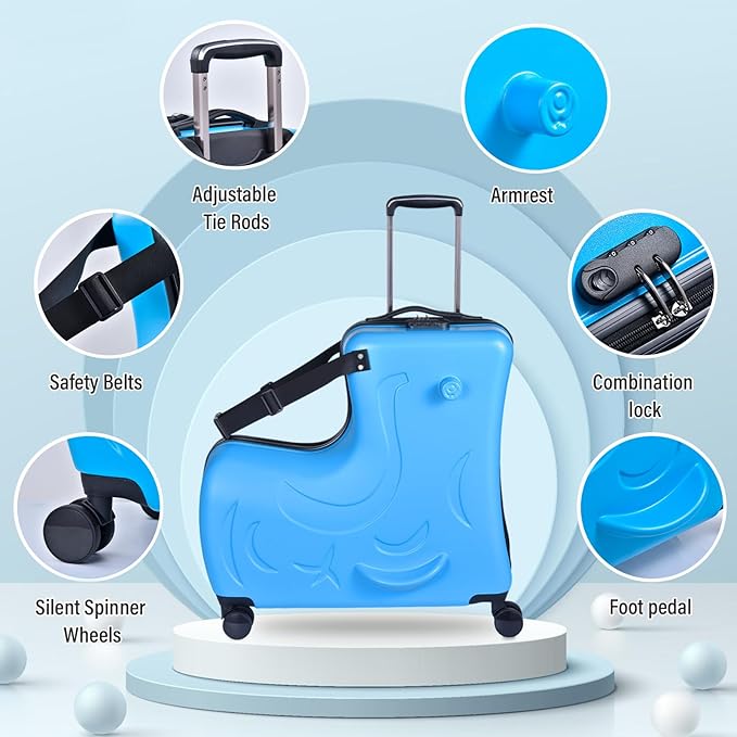 24 Inch Ride On Kids Suitcase with Wheels, Ride on Luggage with Pedal, Hardshell Kids Suitcase Adjustable Safe Harness, ABS+PC, Up To 100 Lbs, Blue