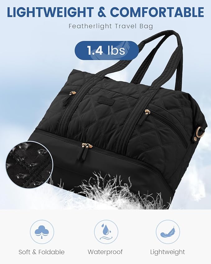 LOVEVOOK Travel Duffle Bag, Lightweight Weekender Bags for Women with Shoe Compartment, 40L Puffer Gym Bag Personal Item Travel Bag, Overnight Bags and Hospital Bag for Labor and Delivery, Black