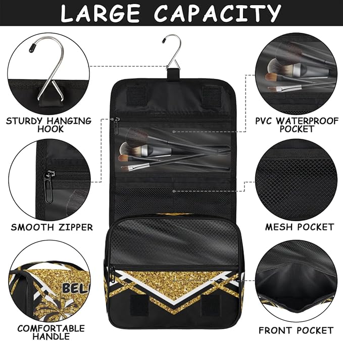 Custom Name Toiletry Bag Travel Bag with Hanging Hook, Cheerleading Makeup Cosmetic Bag Travel Full Sized Container Organizer for Shampoo, Toiletries. Gold Sequins with Black
