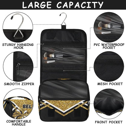 Custom Name Toiletry Bag Travel Bag with Hanging Hook, Cheerleading Makeup Cosmetic Bag Travel Full Sized Container Organizer for Shampoo, Toiletries. Gold Sequins with Black