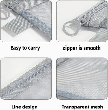 6Pack Mesh Makeup Bags mesh zipper pouch Cotton Blend Travel Organizer Pouches with Zipper Small Storage Bags for Cosmetics and Toiletries Office stationery storage net bag Black and Grey