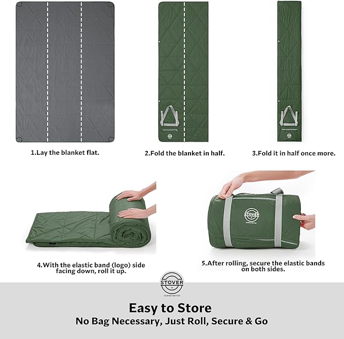 STOVER Large Waterproof Outdoor Stadium Blanket- Extra Thick Soft Fleece Camping Blanket for Travel, Picnics, Sports, Dogs 79"x55", Warm, Windproof, Sand-Proof, Lightweight, Packable (Game Day Green)
