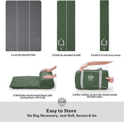 STOVER Large Waterproof Outdoor Stadium Blanket- Extra Thick Soft Fleece Camping Blanket for Travel, Picnics, Sports, Dogs 79"x55", Warm, Windproof, Sand-Proof, Lightweight, Packable (Game Day Green)