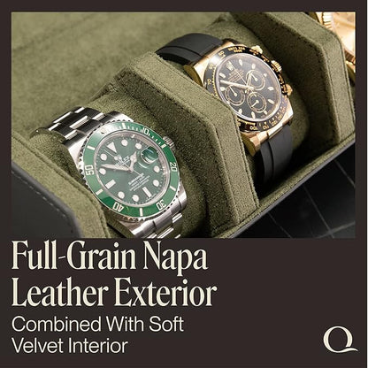 QWATCHBANDS Napa Leather Watch Rolls for Men - Hexagon Triple Watch Roll Travel Case for 3 Watches - Storage Organizer Genuine Leather with Velvet Interior Display (Gray/Green)