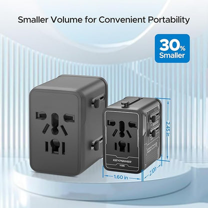 Universal Travel Adapter 30W GaN, KEY POWER All-in-One International Power Adapter with 2 USB-C & 1 USB-A, Worldwide Plug Converter for EU/US/UK/AU in 200+ Countries