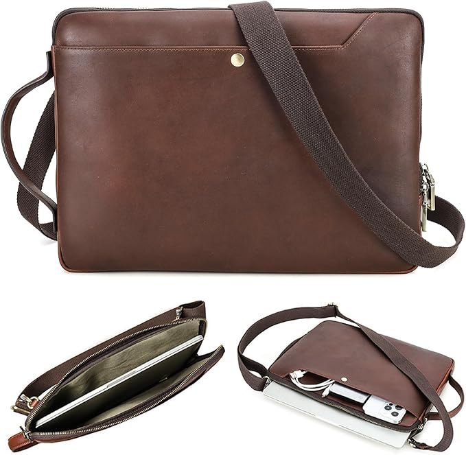 Top Grain Leather 14.2" Slim Laptop Bag Case, Handmade, Adjustable Strap & 2 Pockets, Compatible with MacBook Pro 14 inch 2021 2022 M1 Pro/M1 Max A2442 & Other PC, Red Coffee 14.2 Inch