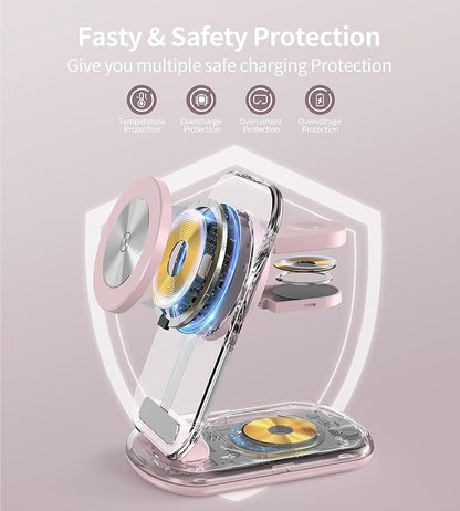 3 in 1 Magnetic Wireless Charging Station for Apple Devices, Fast Foldable Travel Mag-Safe Charger Stand with Night Light for iPhone 17 16 15 14 13 12 Series, Apple Watch/AirPods Pro, PK