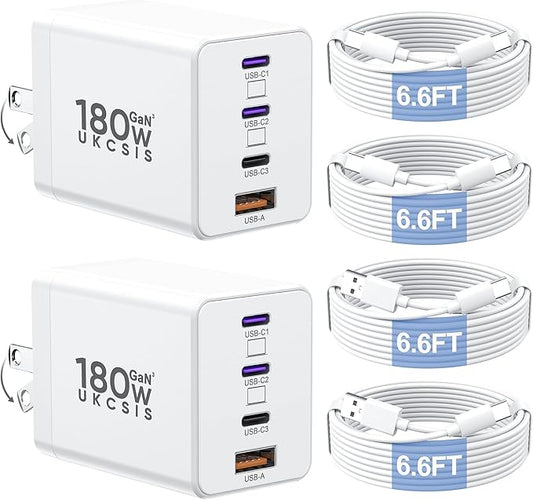 2 Pack 180W USB C Charger Block, Foldable 4-Port GaN Super Fast Charger USB C, Dual 65W Type C Charging Block, Laptop Fast Charging Adapter for MacBook Pro/Air, iPad, iPhone, Samsung Galaxy (White)